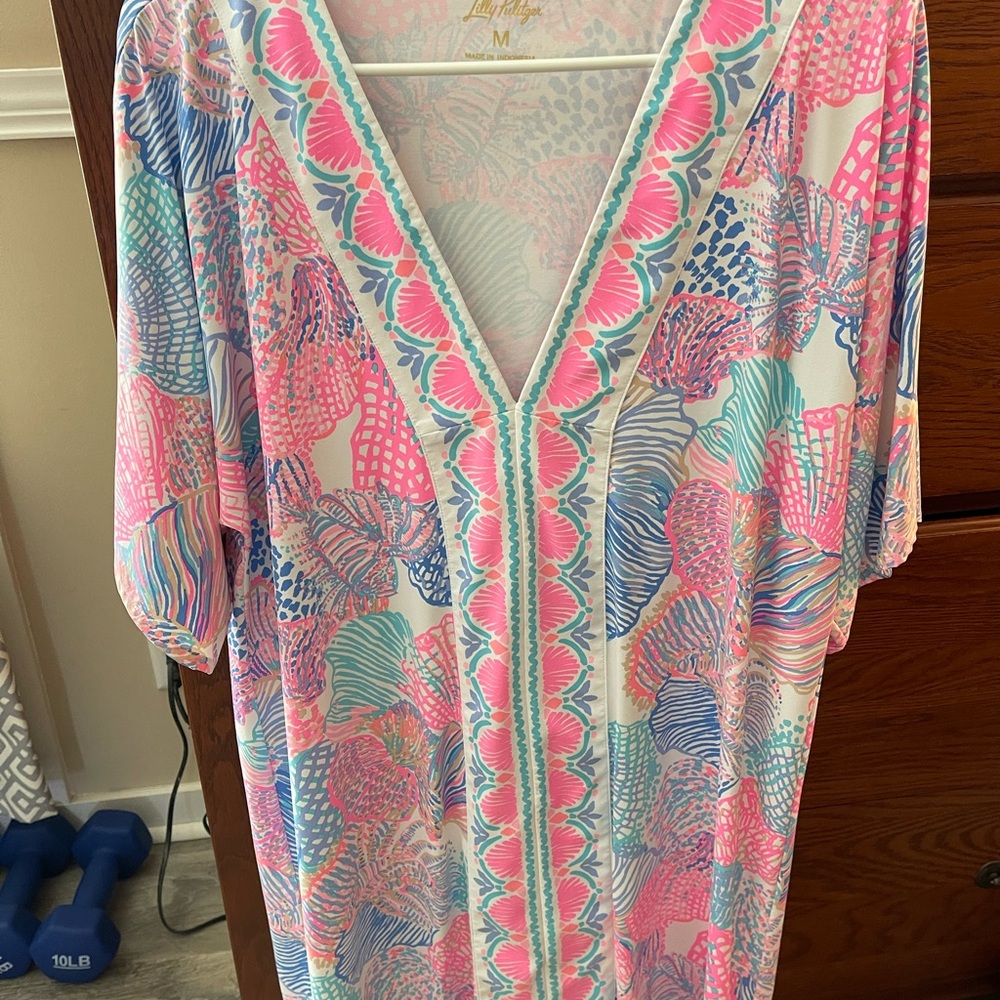 Lilly Pulitzer Pink Aqua Multi Floral V‑Neck Swim Coverup